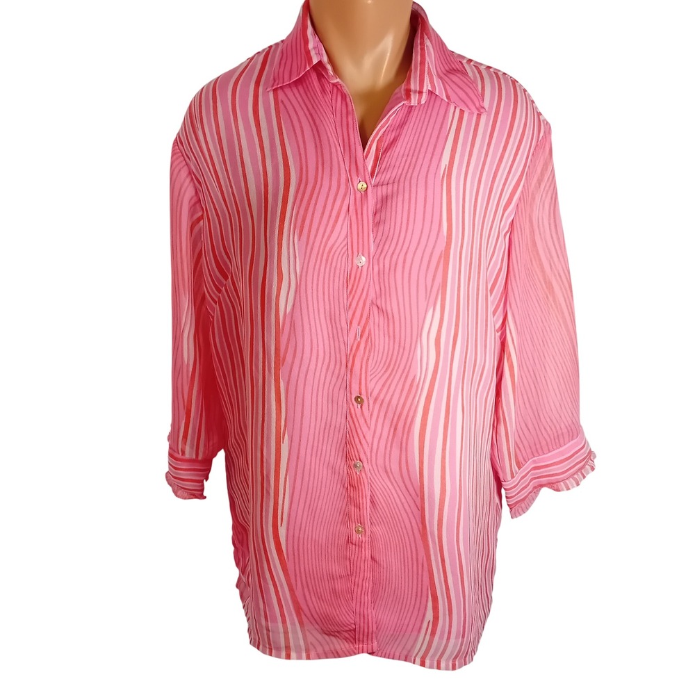 Vintage 80s/90s Gia Pink Striped Button-Up Shirt Geometric Print Work M/18‎ READ